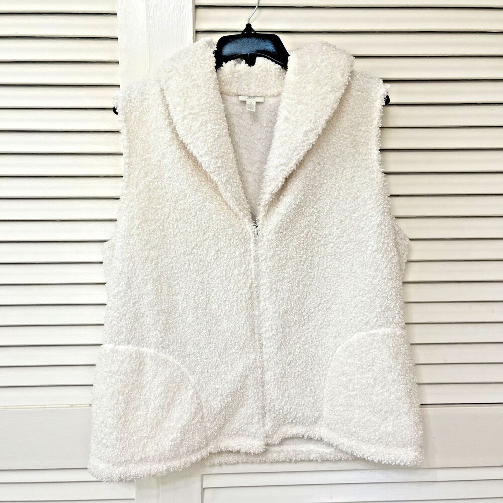 J Jill Womens XL Winter White Fuzzy Boucle Fleece Zip Up Vest Cozy Pockets